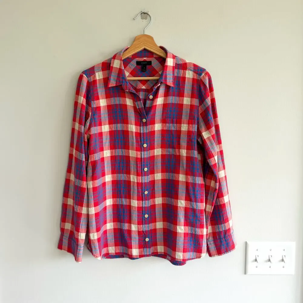 J. Crew Plaid Pattern Long Sleeve Button Up Shirt Red White Blue 8